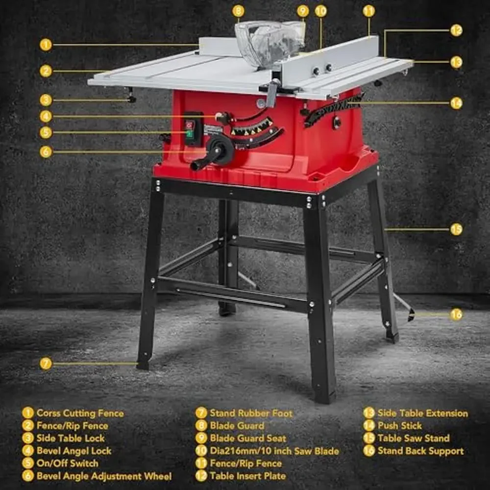 Krachtige 10 inch tafelzaag met standaard en beschermhoes 15 Amp motor 5000 RPM 36 x 25 inch tafelblad 90 °   Cross Cut & 0-45 °   Bevel