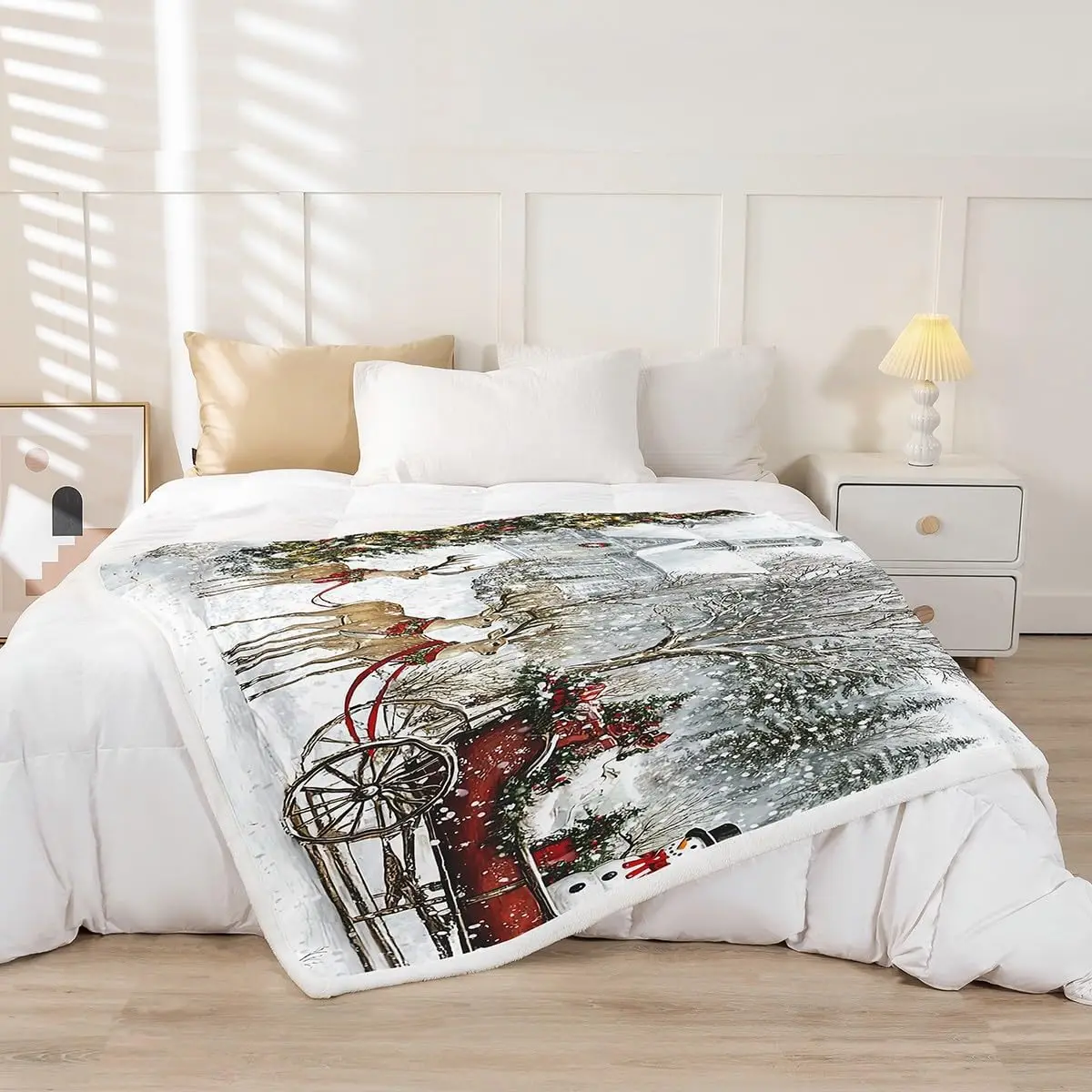 Kids Merry Christmas Sherpa Blanket Christmas Snow Winter Theme Twin Fleece Blanket, Reindeer Christmas Decoration Fuzzy Blanket