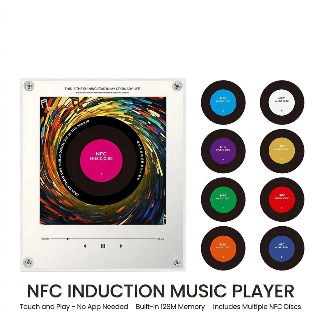 NFC Induction Music Player Acrylic Frame Rotating Disc 128M Memory Type-C Rechargeable Fridge Magnet Album Light