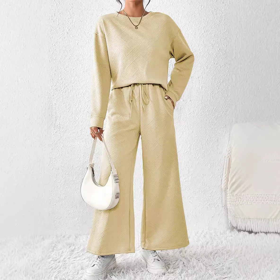 2025 American European New Fashion Loose Simple Solid Color 2 Piece Sets Women's Long Sleeve O-neck Tops Drawstring Jogger Pants