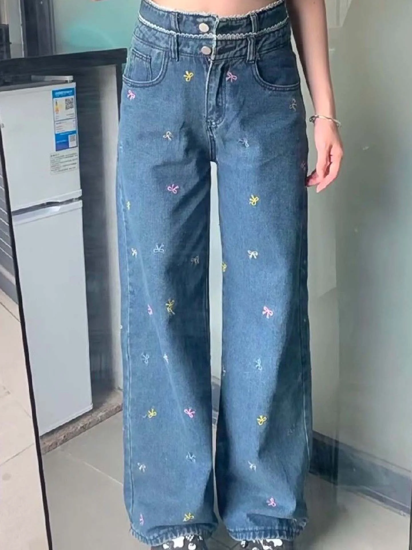 

High Waist Wide Leg Denim Jeans Women's Straight Stitched Embroidery Knot Autumn Sweet Jeans Casual High Waist
