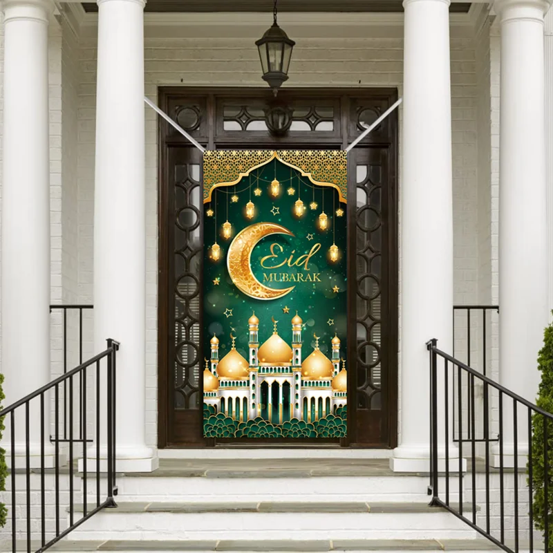 Green And Golden Porch Banner For Home 90x180cm Star Moon Lamp Print Religious Blessings Door Poster Waterproof Polyester