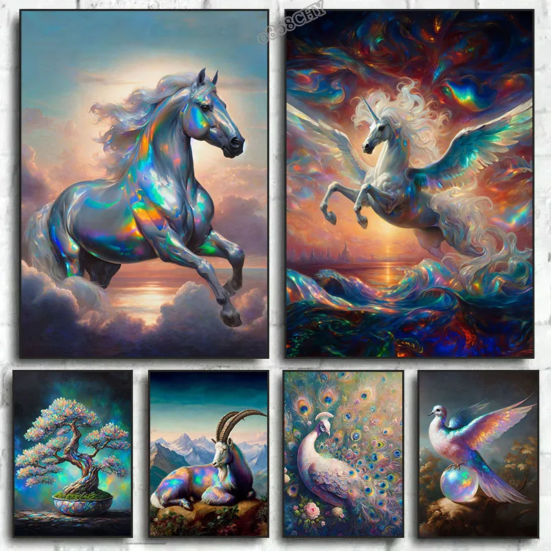 Pósteres de ópalo, pavo real, caballo, Ópalo, unicornio con alas, pájaro, setas, bonsái, imágenes impresas en lienzo, pinturas artísticas de pared para decoración del hogar