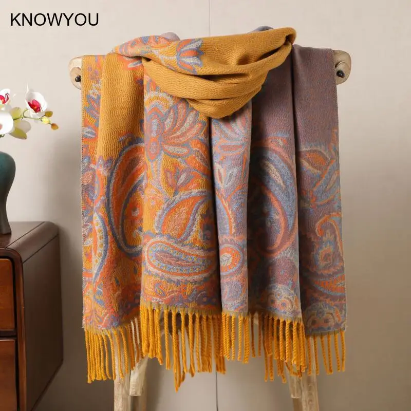 

Женский шарф из искусственного кашемира, универсальный зимний плед-шарф, новая пашмина для женщин на зиму и осень, винтажные шарфы с кисточками