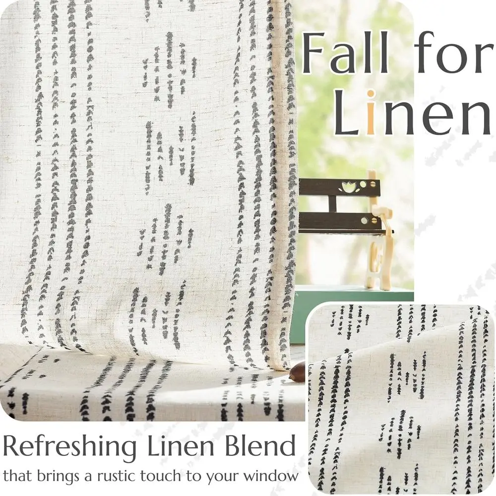 ستائر بوهو من مزيج الكتان، 108 طراز المزرعة السوداء، تصفية إضاءة ذات لوحتين لغرفة المعيشة وغرفة النوم وتصميم الجيب