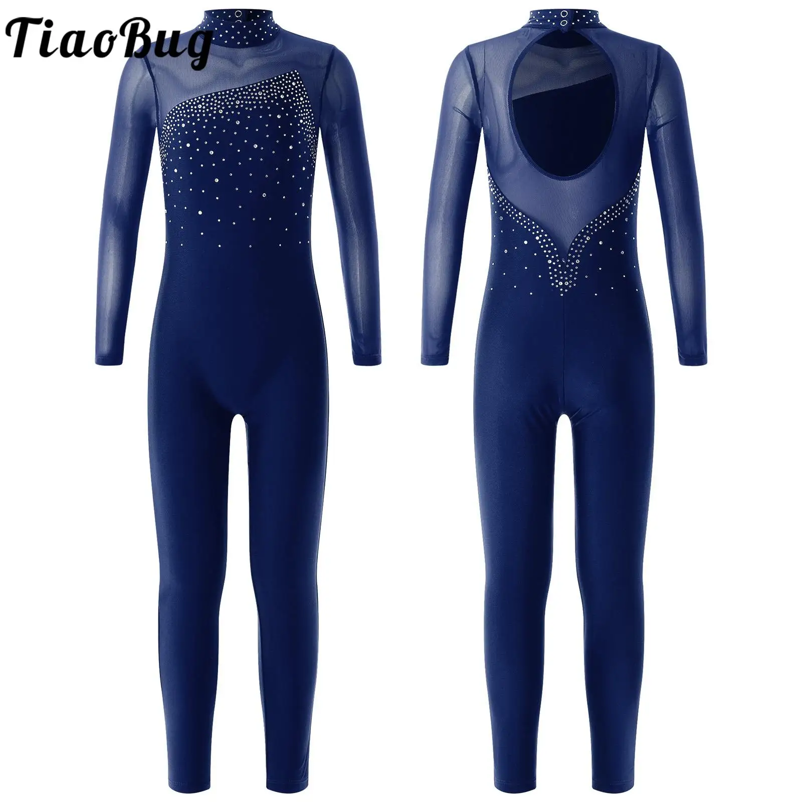 

Kids Girls Long Sleeve Rhinestone Ballet Dance Leotard Sport Workout Bodysuit Jumpsuits Dancewear for Gymnastics Figure Skating