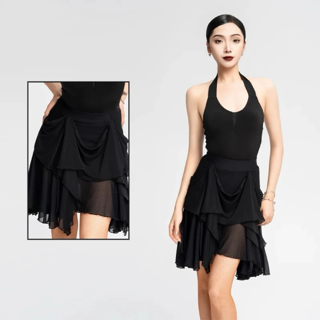 Falda de baile latino para mujer, falda irregular de tul multicapa para merengue y baile social, falda adelgazante para actua...
