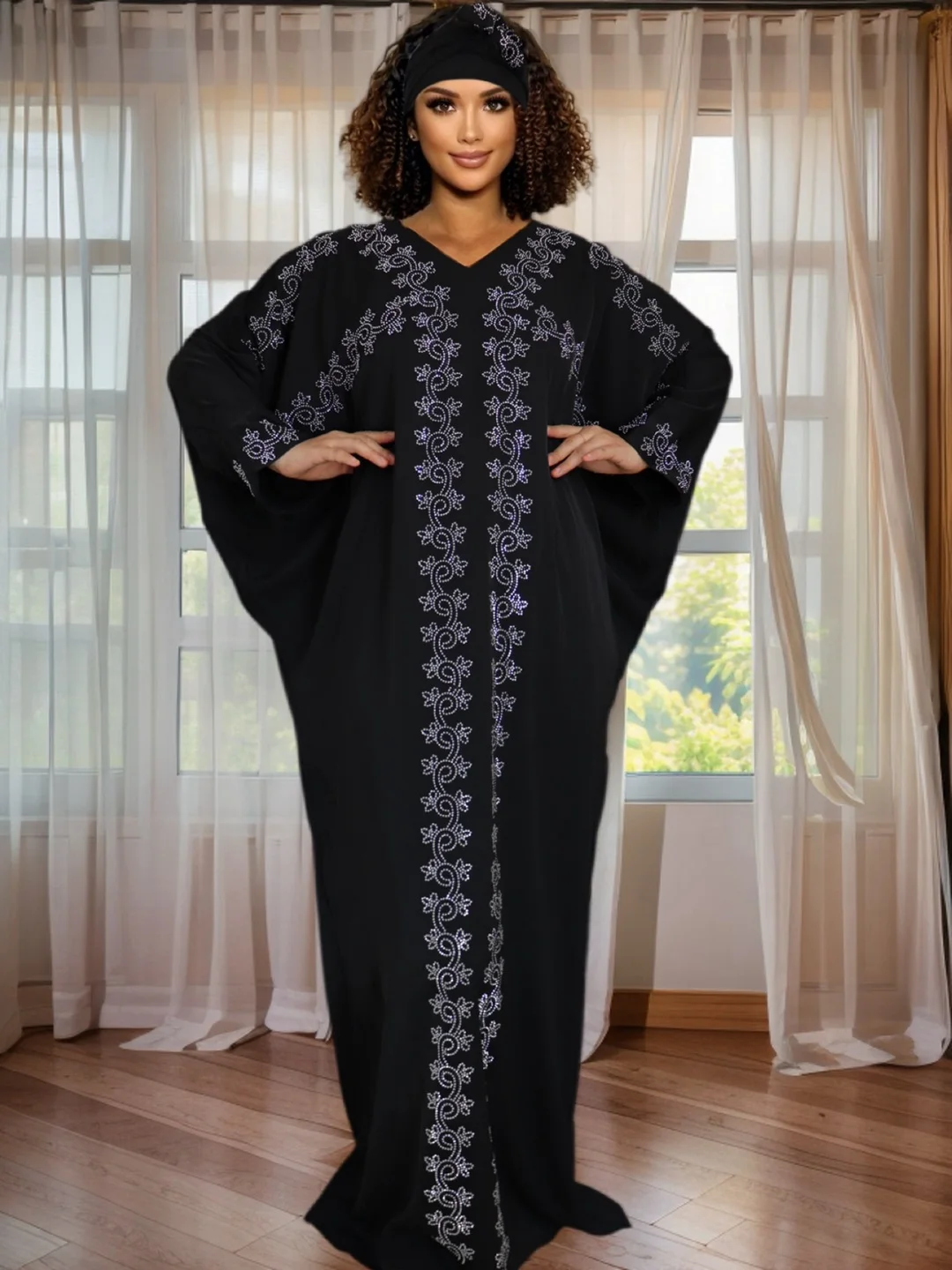 

Stunning Rhinestone Dress African Kaftan Batwing Sleeves Traditional Ankara Boubou Gown for Evening Party