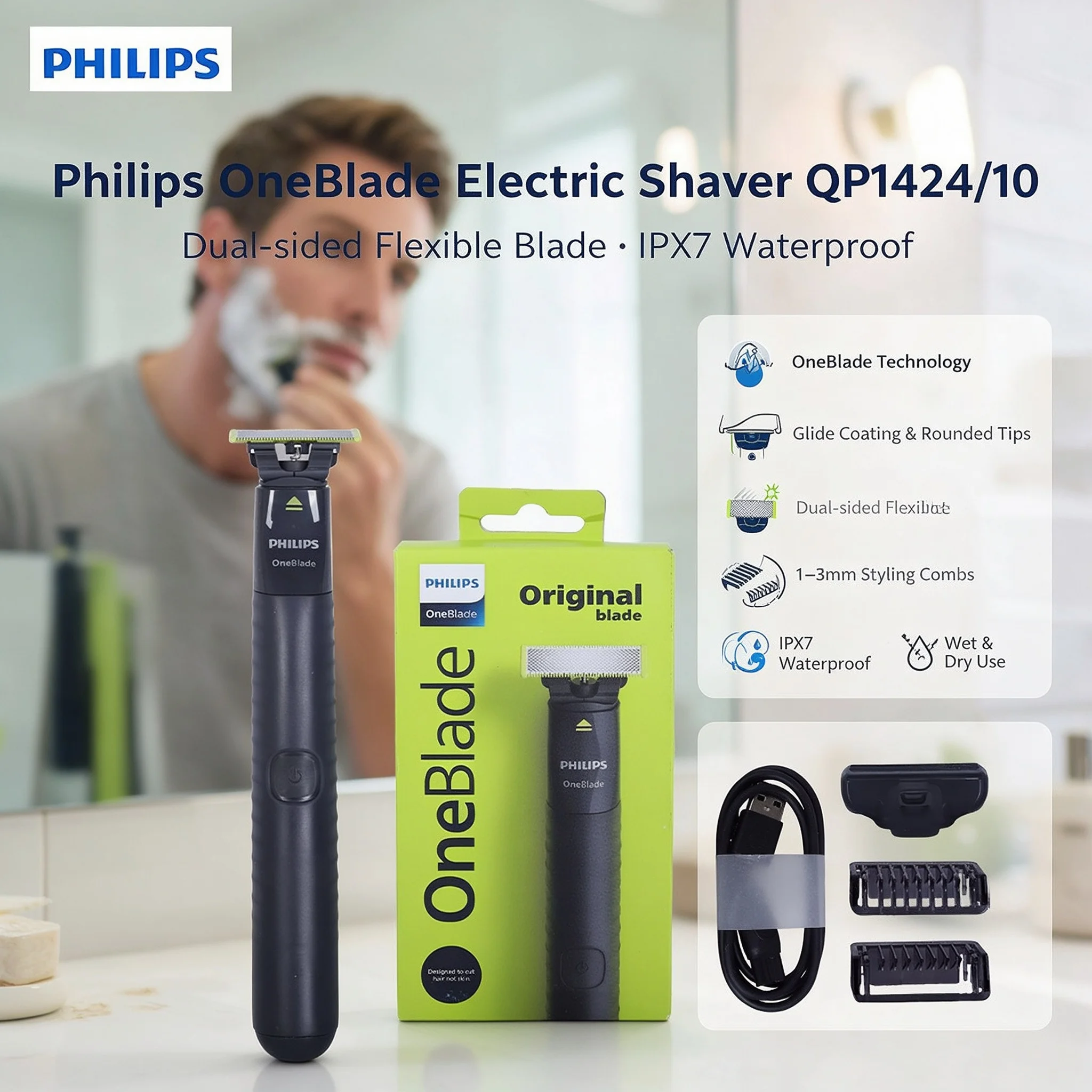 Philips OneBlade QP1424/10 Electric Shaver Trimmer Safe for Acne Prone Sensitive Skin 1-3mm Styling Combs