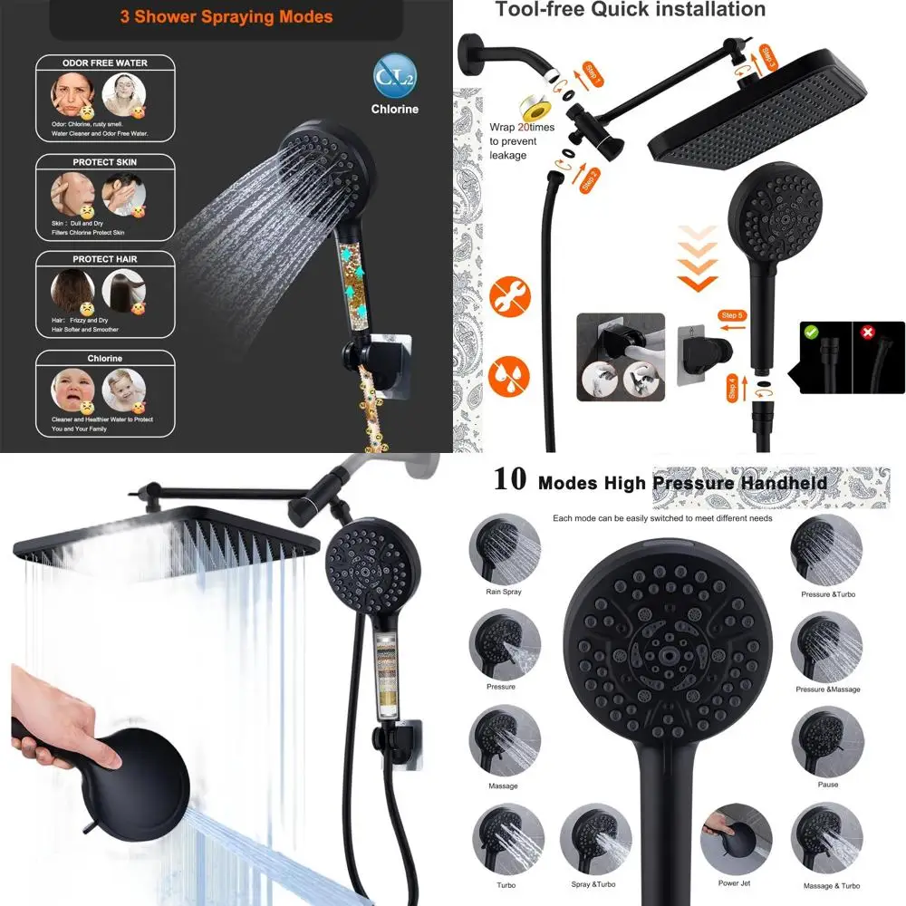 

14 Matte Black Shower Combo: Rain Head & 10-Spray Handheld with Filter for Couples