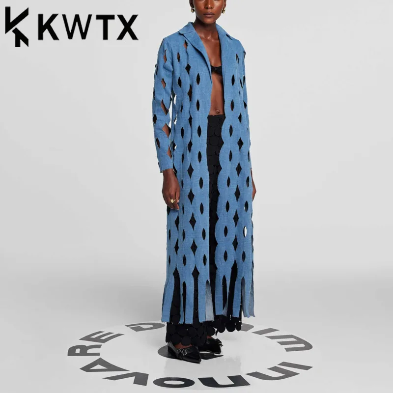 

KWTX Women’s Long Denim Trench Coat Lightweight Cut-Out Fringe Minimalist Elegant Luxury Designer Spring Summer 2025 Outwear