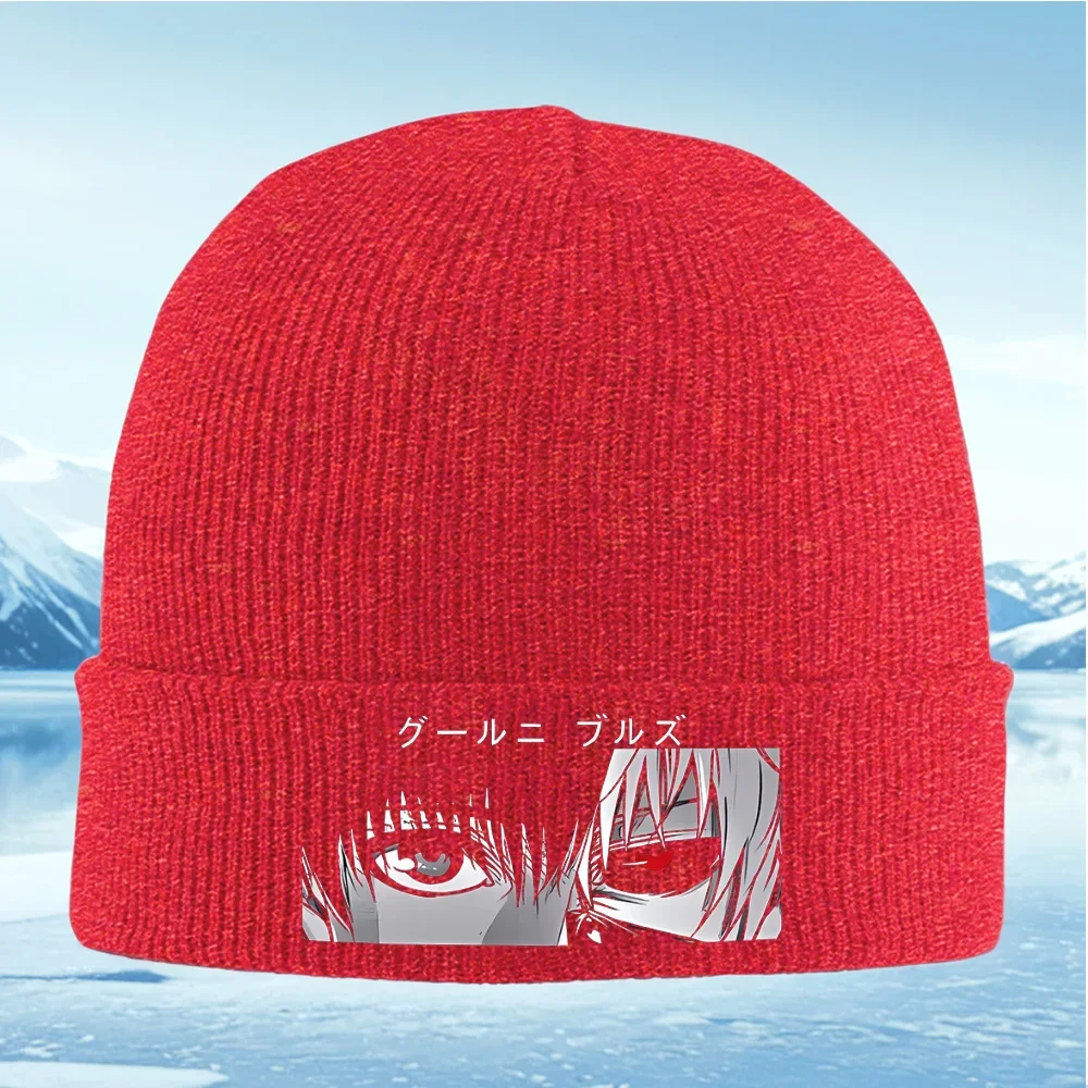 عيون الشعر الداكن العين الحمراء أنيمي الرجال النساء للجنسين محبوك قبعة قبعة صوفية قبعة الشتاء الحرارية الدافئة عيد الميلاد في الهواء الطلق ركوب الدراجات هيكي #5
