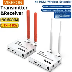 VIKEFON 4K 30Hz 300M 5.8GHz Wireless HDMI Transmitter Receiver Extender 1 TX-4 RX Audio Video Extender HDMI Loop-Out For TV Box