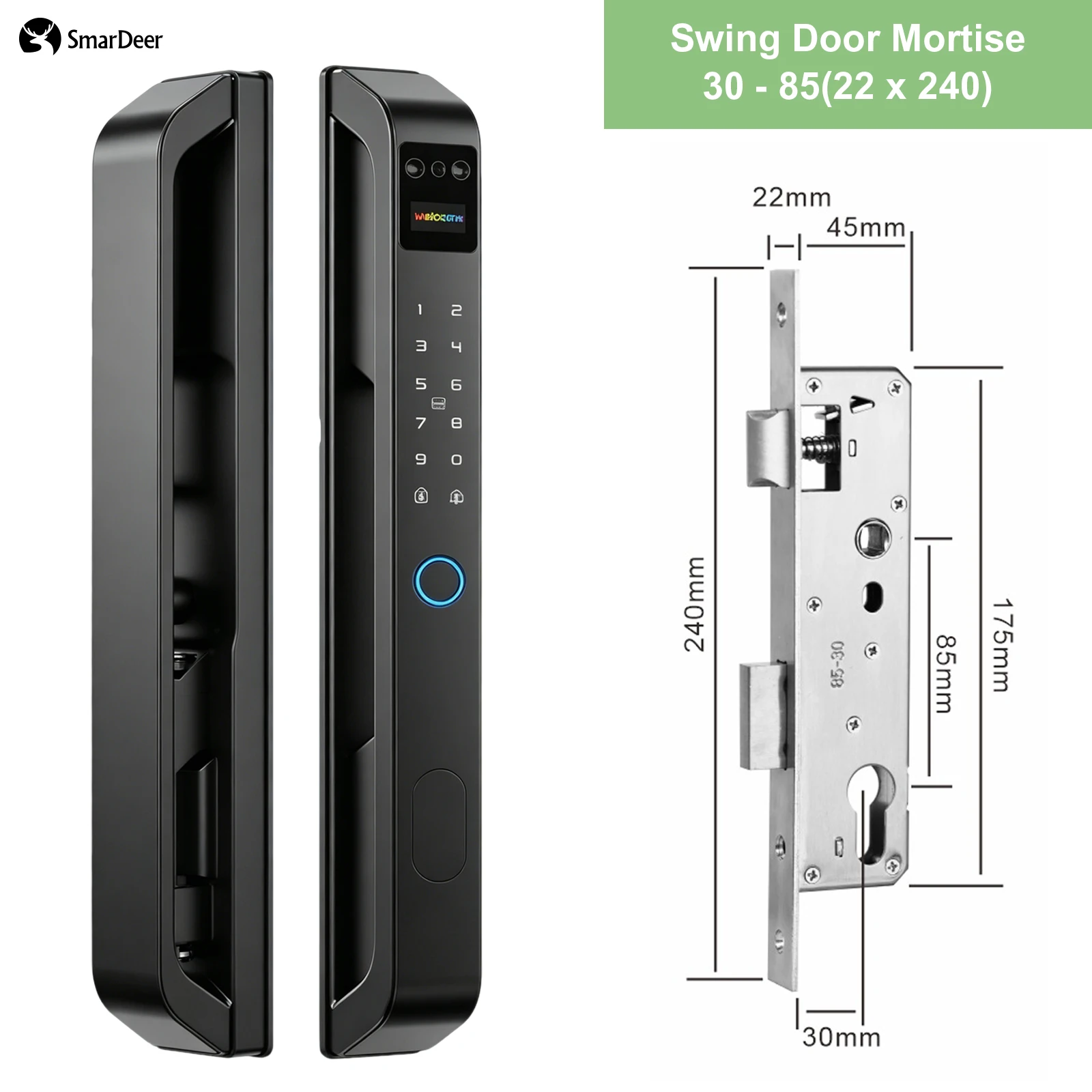 SmarDeer Smart Deurslot met smal frame IP65 Waterdicht elektronisch slot Face ID-slot voor schuifdeur Keyless vingerafdrukslot