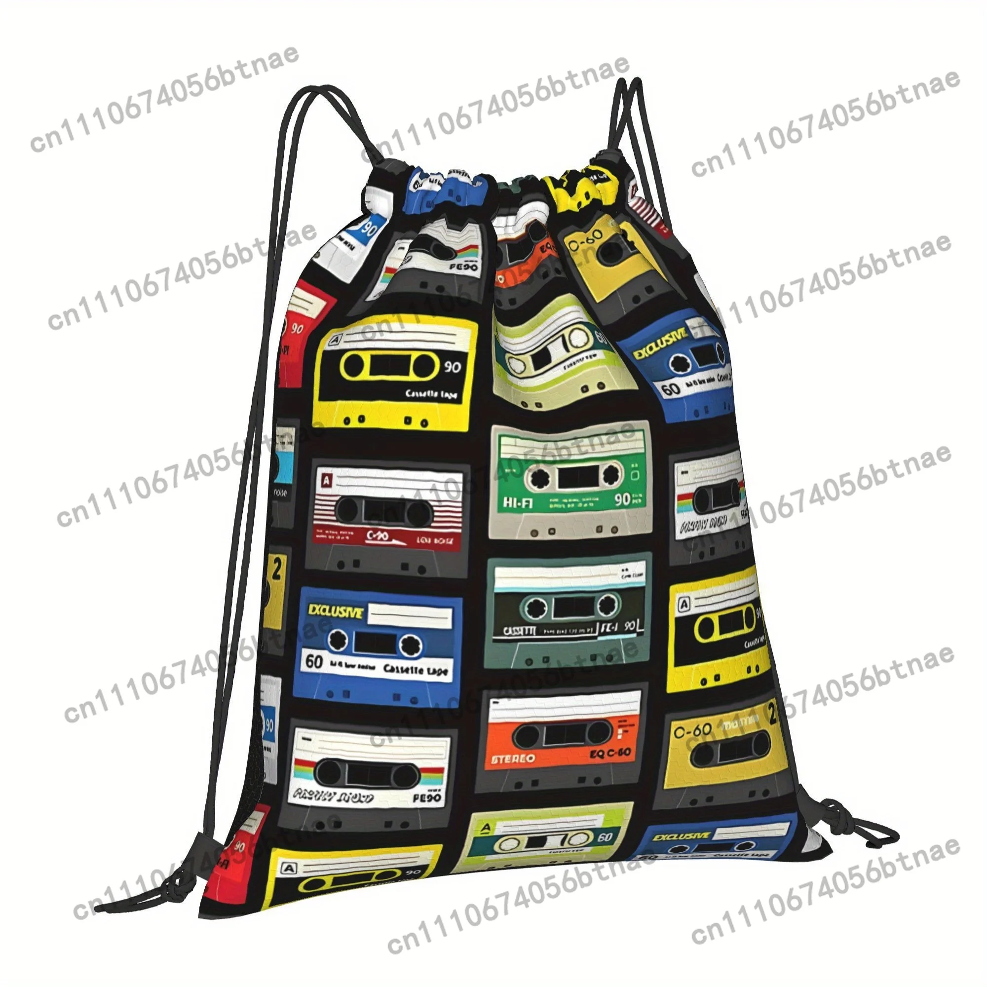 Durable Drawstring Backpack Featuring a Creative Design of Cassette Tapes, Mixtapes, And Radio DJ Party Music, Perfect for Hikin