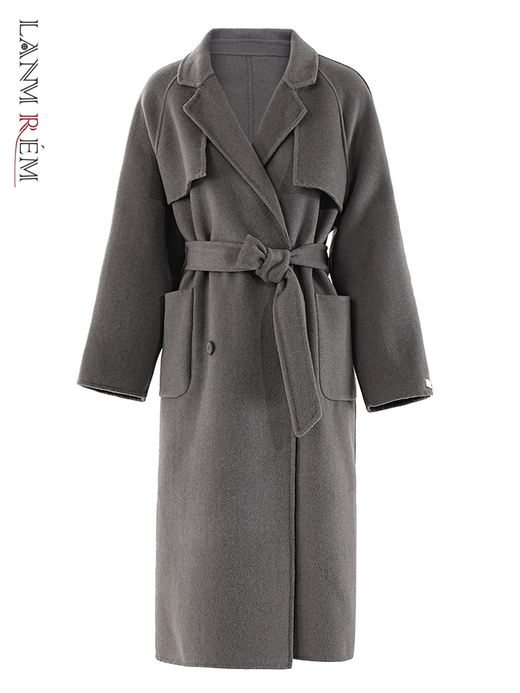 

LANMREM Double Sided Wool Coats Women Gray Color Belt High Waist Overcoat Ladies Chic Clothing Streetwear Autumn Winter CPG1807