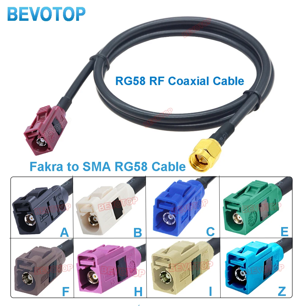 Cabo RG58 Fakra com Conector Fêmea para Conector Macho SMA, Chicote de Fios Automotivo, Cabo Jumper de 10CM a 30M, Vários Códigos A/B/C/D/F/G/H/I/K/Z