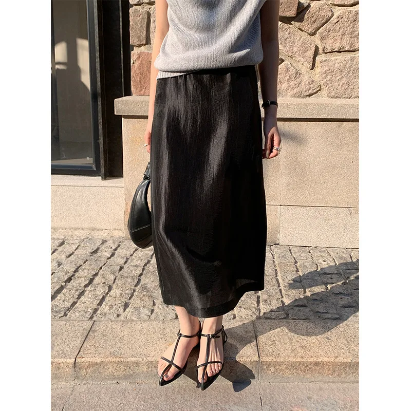 Satin Acetate Midi Skirt 2025 Women Elegant Old Money Style Skirt Good Quality