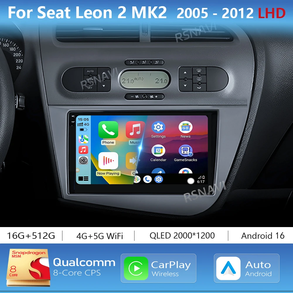 Radio Multimedia con Navegación Android 16 para Seat Leon 2 MK2 LHD 2005 - 2012, Carplay, Auto Estéreo, Wifi+4G, Video, Voz AI