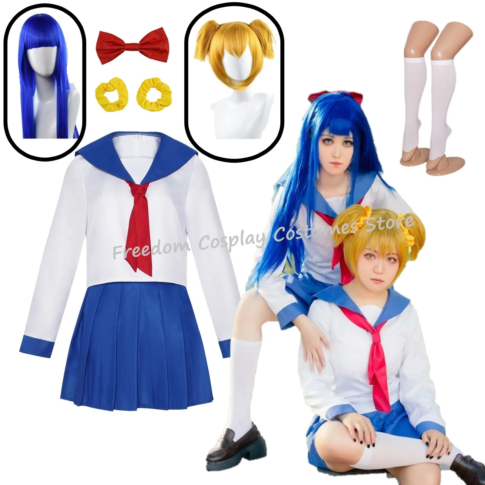 Costume de Cosplay Popuko Pipimi, perruque, uniforme scolaire, tenue complète pour femmes, Costume bleu et blanc JK