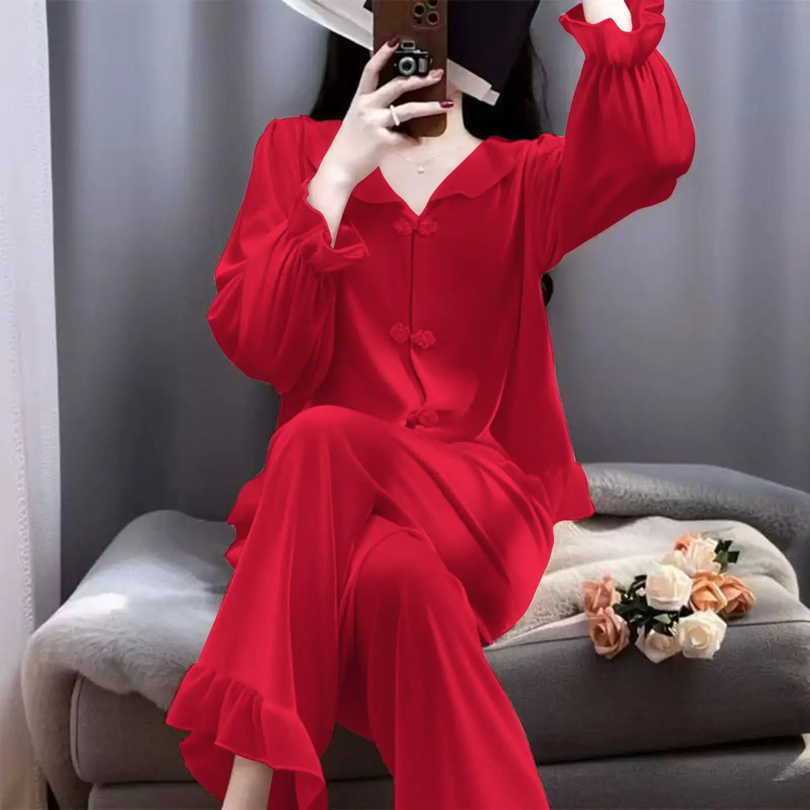 

Pajamas for Women Spring Autumn Velvet High-End Red Cardigan Long-Sleeved Trousers Sleepwear Cartoon Comfortable Home Wear Set