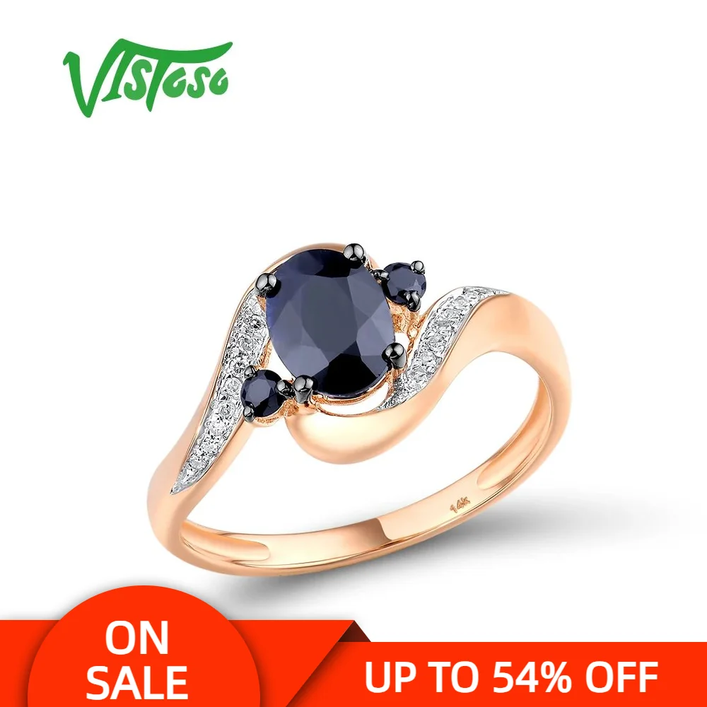 

VISTOSO Gold Rings For Women Genuine 14K 585 Rose Gold Ring Sparkling Diamond Natural Blue Sapphire Luxury Trendy Fine Jewelry