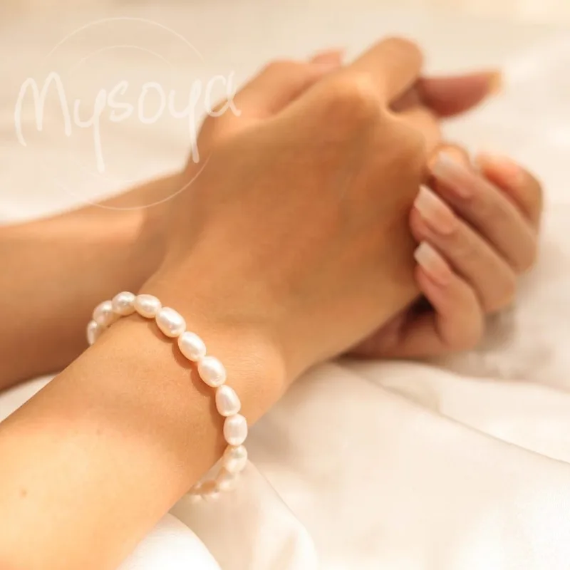 

MYSOYA 8-9 мм натуральный белый рис в форме пресноводного жемчуга браслет для женщин и мужчин с подарочной коробкой подарок на день рождения, свадьбу, Рождественский подарок