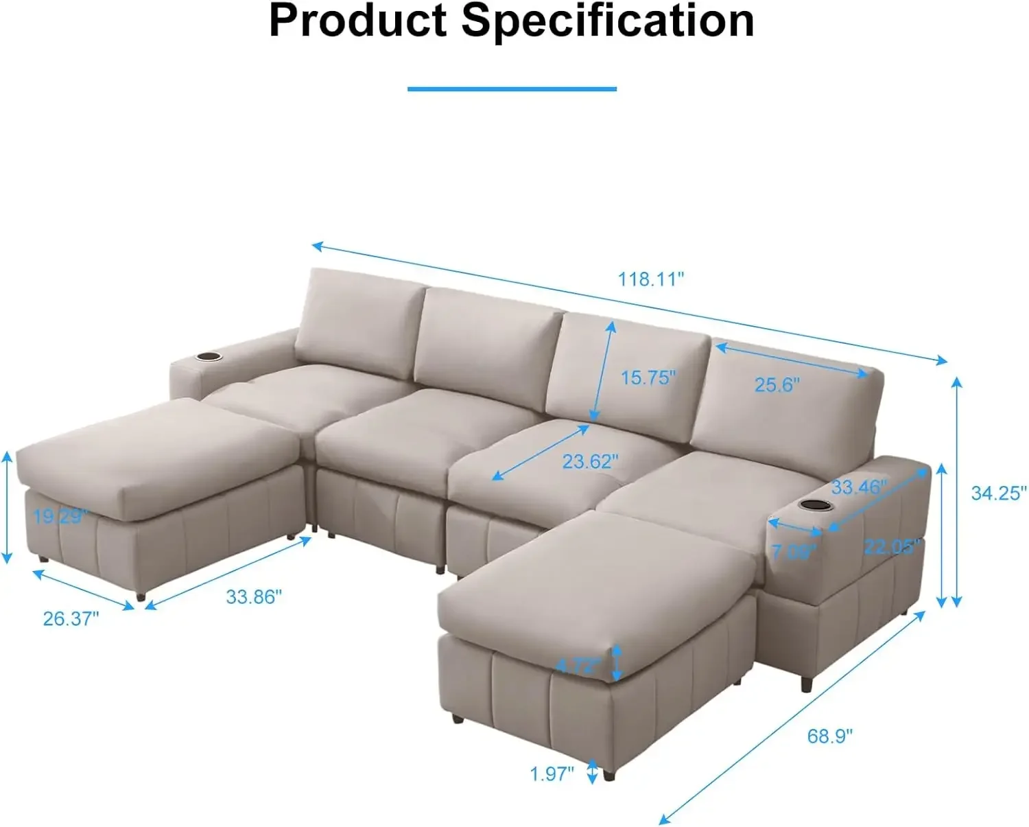 

Convertible Leather L Shaped Couch w/ Reversible Ottomans, 6 Seats Modular U-Shaped Sectional Sofa w/ Cup Holder for Living Room