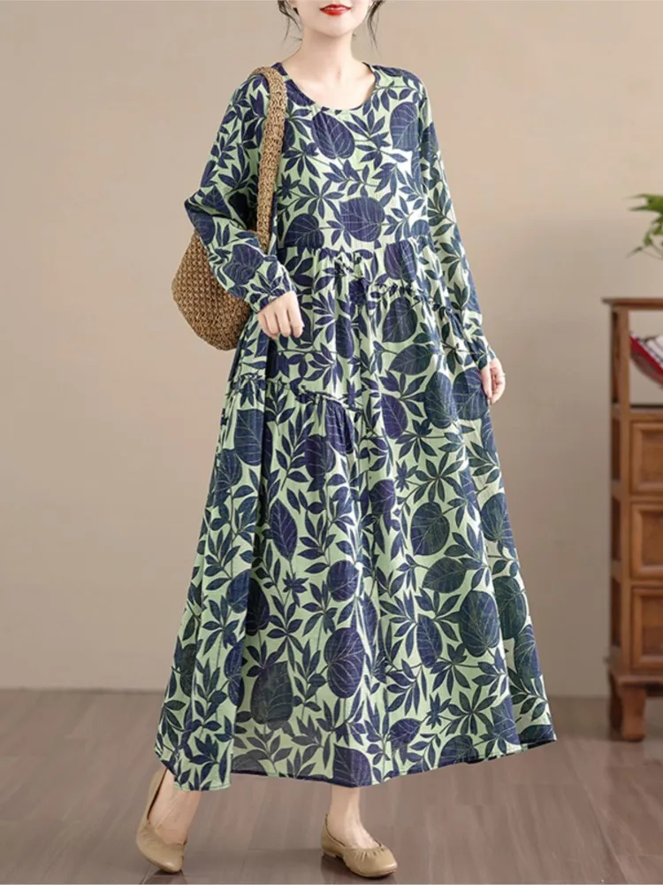 Abito autunnale oversize da donna fiore floreale moda cotone lino abiti da donna abito casual allentato pieghettato con volant