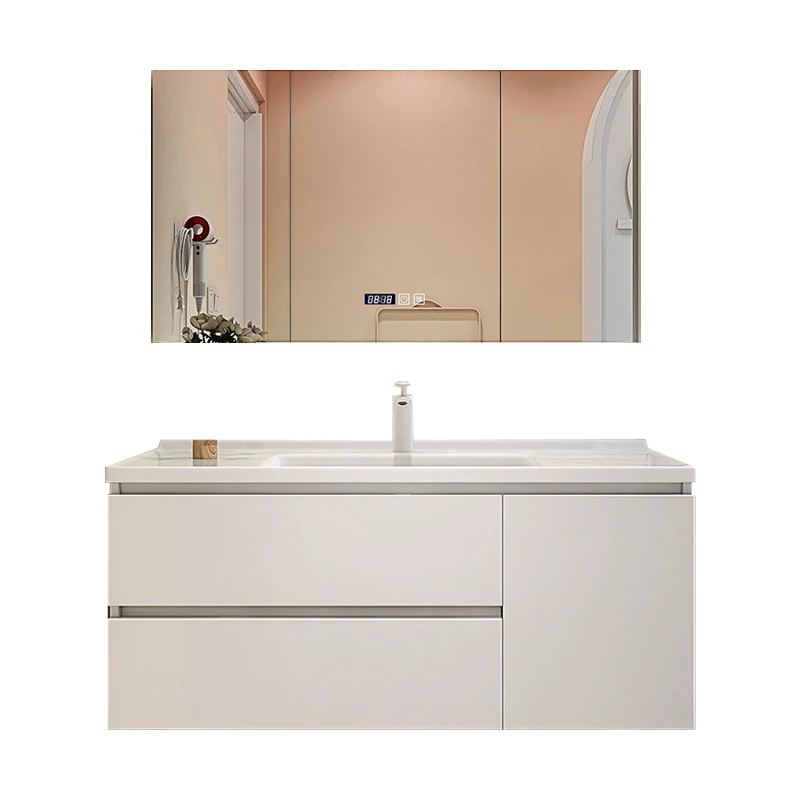 

Шкаф для ванной из массива дерева, Скандинавская кремовая раковина для ванной комнаты, комбинированная дубовая раковина для ванной комнаты