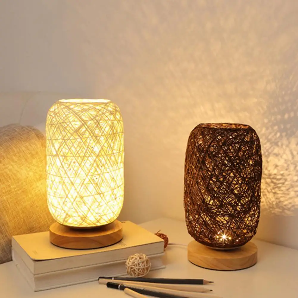 

New Unique Design High Quality Wood Rattan Twine Ball Lights Table Lamp Desk Light Shading Room Home Art Decoration Full Light