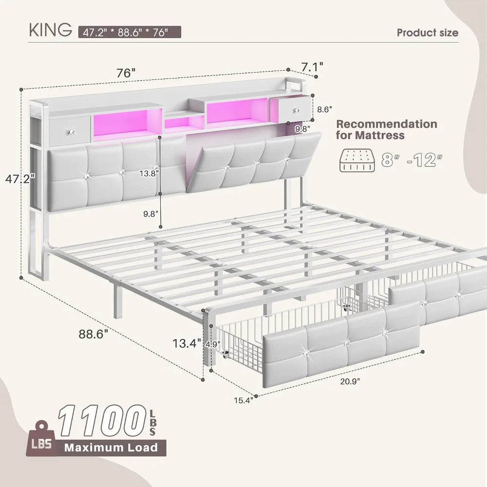 King Size Bed Frame with 4 Drawers & Storage Headboard and Diamond-Tufted Upholstered,LED Lights & Charging, Customized view 3