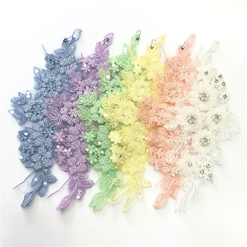 Cuentas de malla de encaje hechas a mano multicolor, 5 pares de espejos, bordado de flores, apliques florales, tela de vestido de novia, accesorios de encaje de 33cm