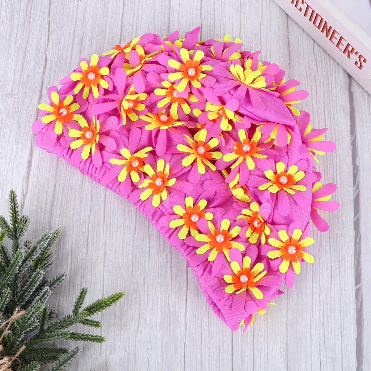 

Women Adult Swimming Cap Purple Floral Pearl 3D Flower Design Ear Protection Free Size Bathing Hat Pool Beach Women Swimming Cap