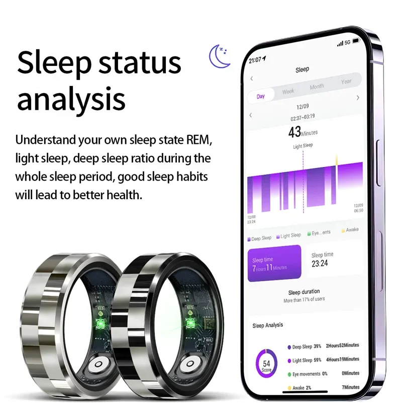 

Smart Ring with Charging Case Heart Rate Blood Oxygen Sleep Tracker Multiple Sports Modes Fitness Monitoring Wearable Device