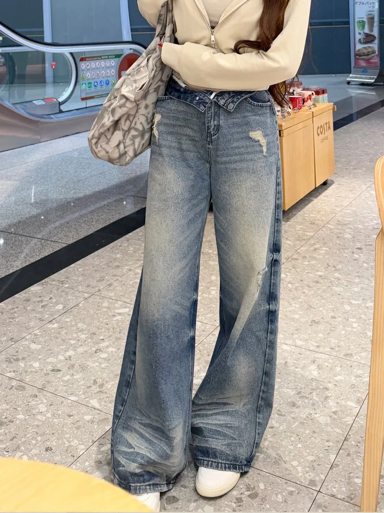 

Женские джинсы с высокой талией, прямые, синие, с эффектом потертости, универсальные, свободного кроя, повседневные, стройнящие