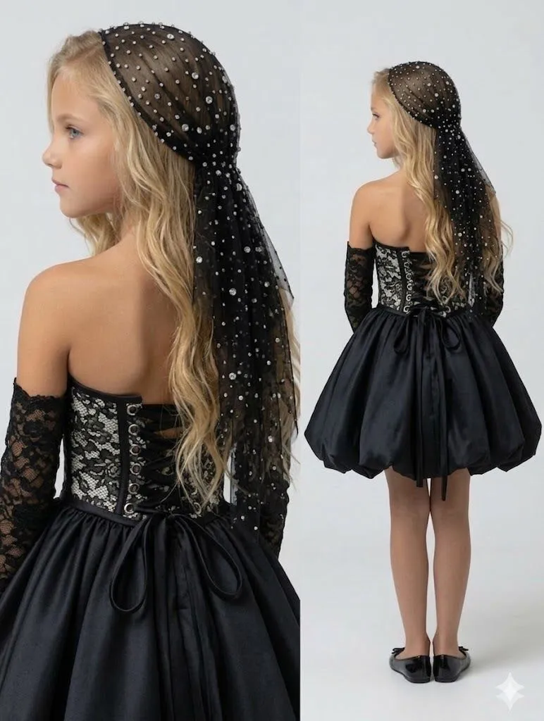 Black Customized Flower Girl Dresses for Wedding Off Shoulder Lace Knee Lenght Girls Birthday Dress First Communion Ball Gown
