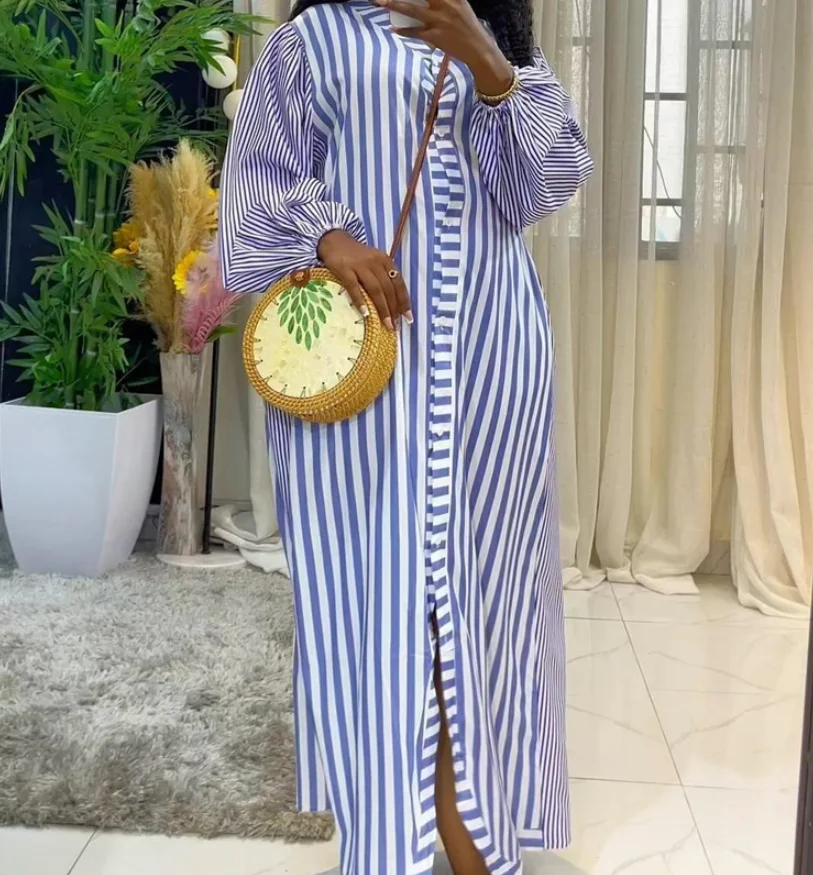 2025 الخريف والشتاء المرأة الجديدة الحلو والطازجة مخطط الخامس الرقبة فانوس كم واحدة الصدر مستقيم أنبوب فستان تنورة طويلة