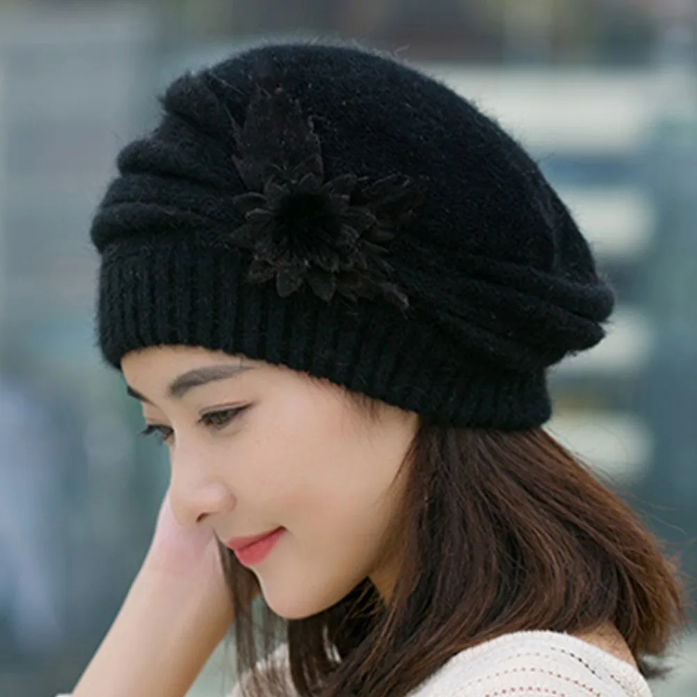 

Keep Warm Knitted Wool Winter Flower Hat Pure Color Soft Mom Hat Warm Women's Cap Autumn Winter