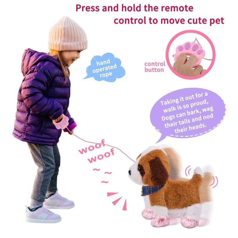 Brinquedo de pelúcia eletrônico interativo para caminhada, com coleira de controle remoto, cachorro realista, animal de estimação com caminhada, latido e asa, cauda, presente