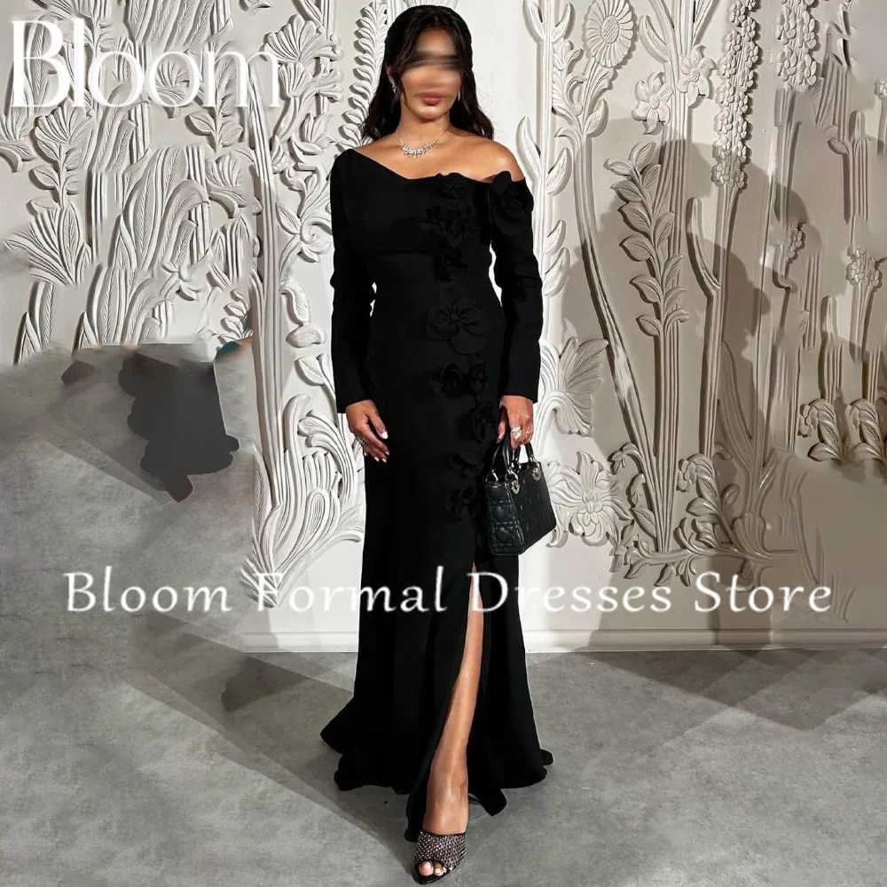 Bloom Customized One Shoulder Side Silt Solid Color 3D Flowers Zipper Back Long Sleeves Off the Shoulder Bespoke Occasion Gowns