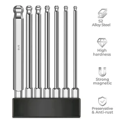 7Pcs 100mm SAE Ball End Hex Shank Allen Wrench Screwdriver Drill Bits Set S2 Steel Hex Key Driver Bits for Electric Screwdriver