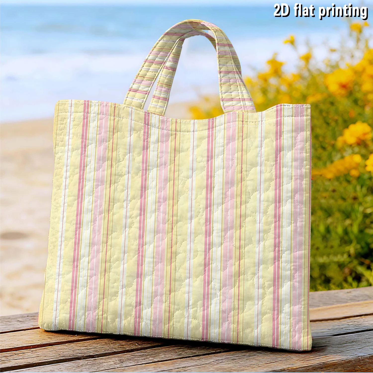Pastel Thin Stripe Large Capacity Canvas Shoulder Bag Dual Side Print Tote Bag Daily Shopping Bag Fashion Gift Handbag