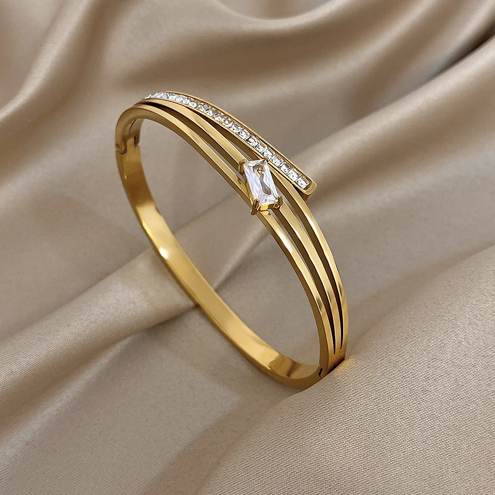 

Freetry Elegant Square Zircon Stainless Steel Bangle Bracelet Women Simple Round Golden Open Spring Bangle Waterproof Jewelry