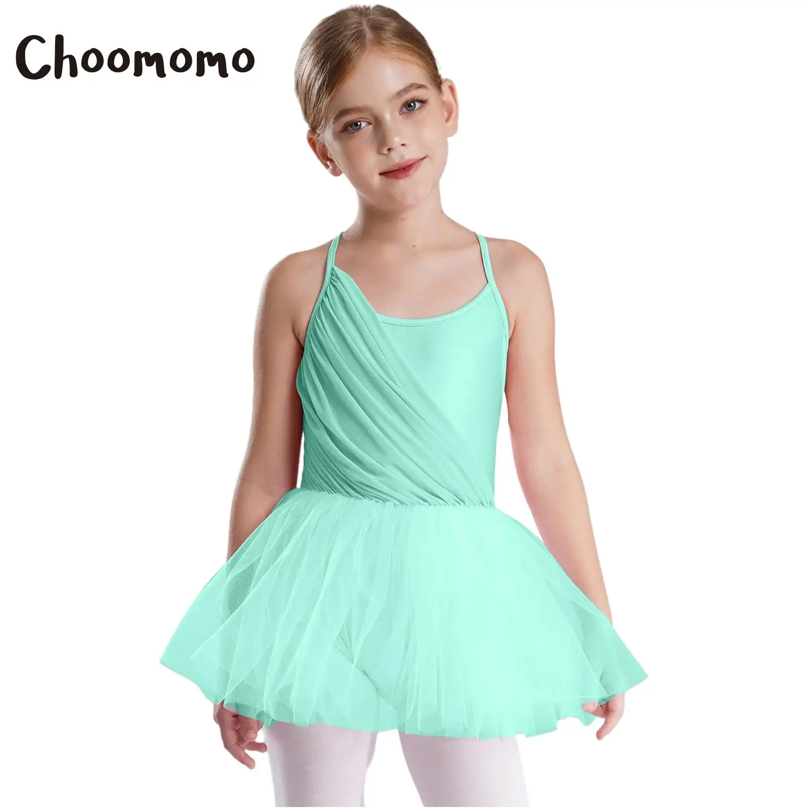 Kids Girls Ballet Dance Camisole Tutu Tulle Dress Sleeveless Ruched Cutout Back Gymnastics Skirted Leotard Ballerina Dancewear