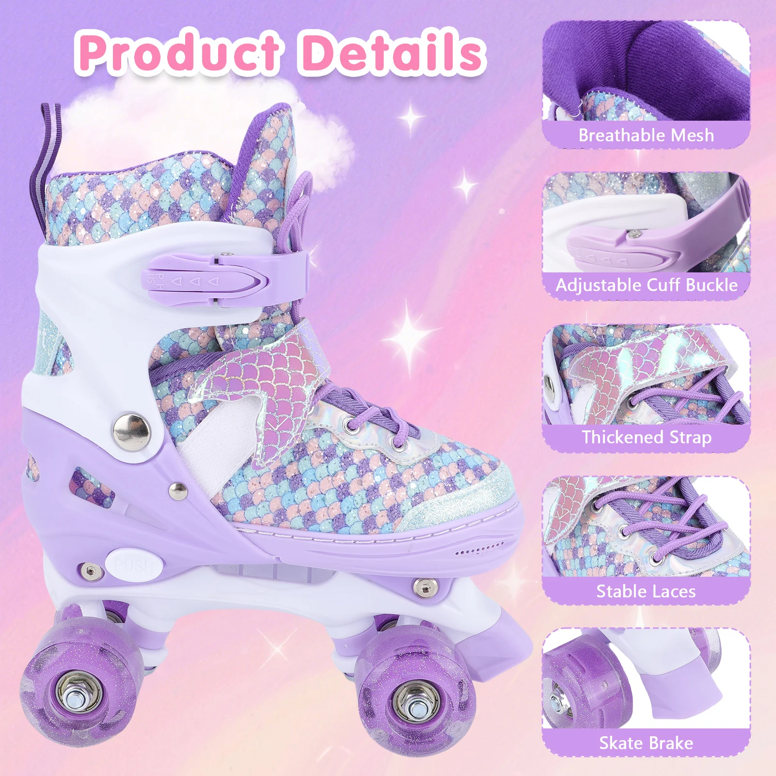 Kids Roller Skates Adjustable Flashing Wheel ABEC Bearing Triple Protection for Outdoor Indoor Roller Skates