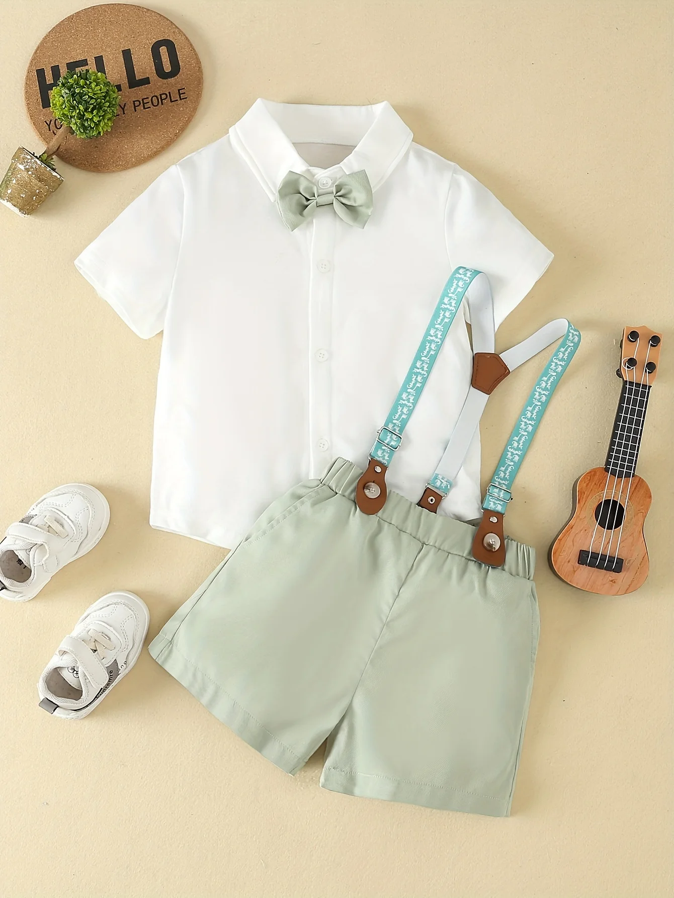 Boys summer short sleeved white bow shirt+suspender shorts gentlemanly attire party birthday performance children\'s clothing set