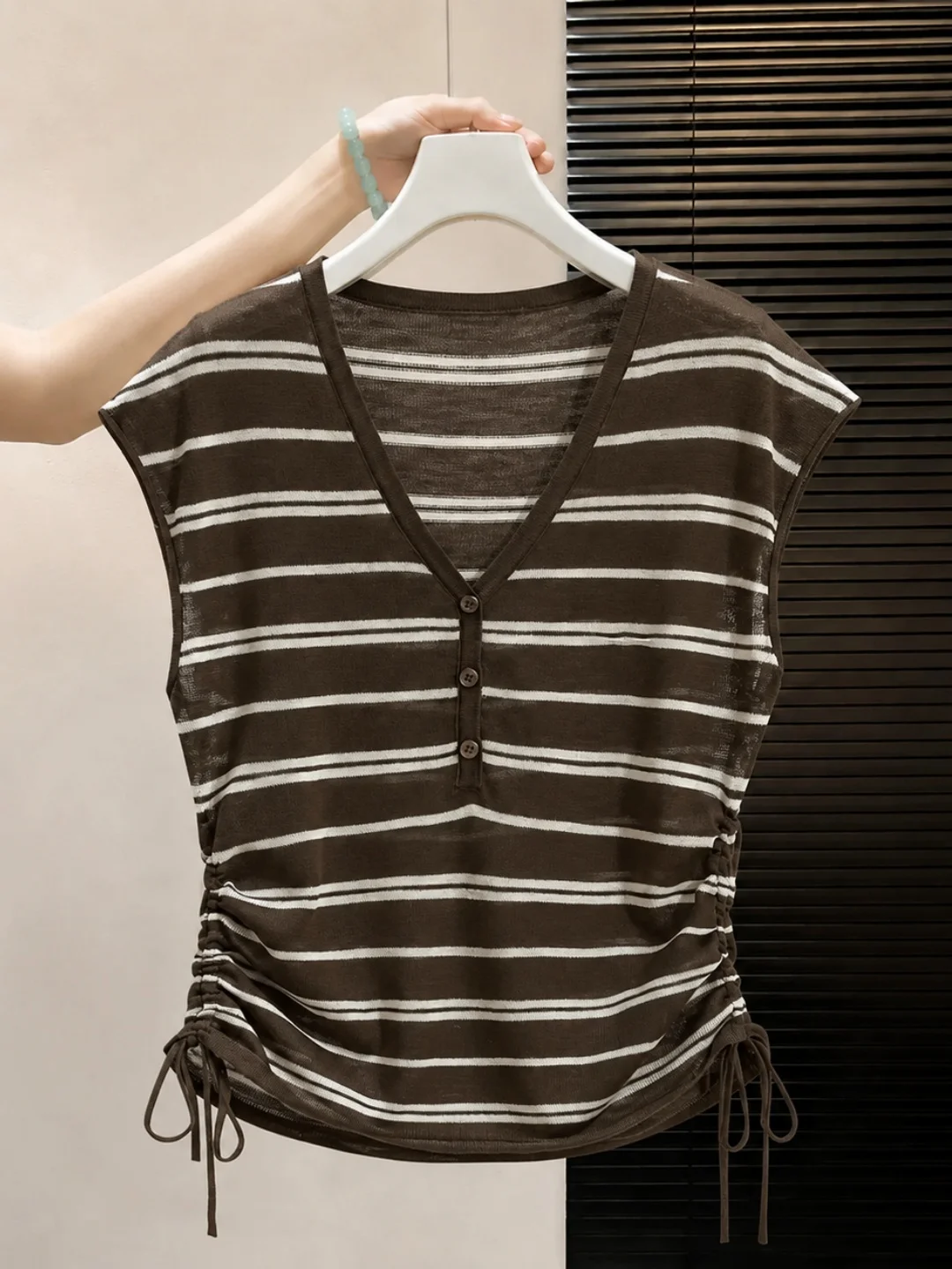 

Summer 2026 Ice Silk Knitted Top Color Block Stripe Drawstring Waist Slimming Versatile Women's Korean Style Straight Cut Blouse