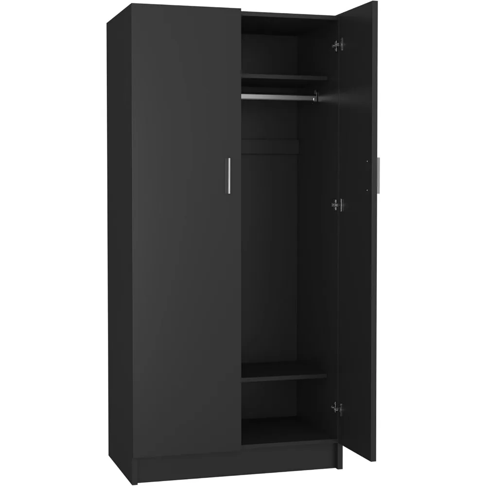 خزانة خزانة ملابس خشبية ببابين من Panana مع حاجز تعليق ورفين، خزانة غرفة النوم للتخزين (أسود)