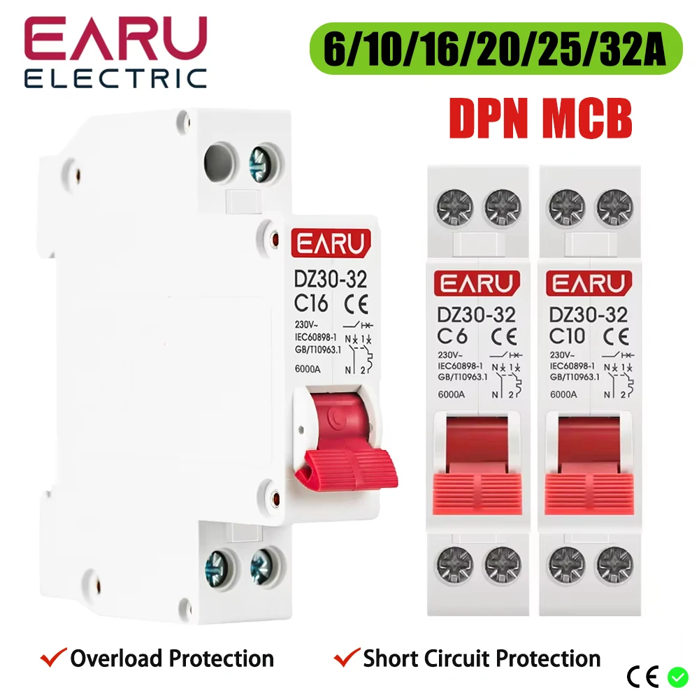 DZ30-32 DPN 1P+N Mini Circuit Breaker MCB 6A 10A 16A 20A 25A 32A Din Rail Mounting Cutout Miniature Household Air Switch OEM DIY